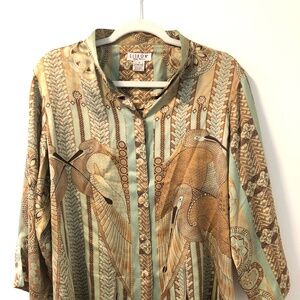 Citron 100% Silk Bird Floral Button Front size XL